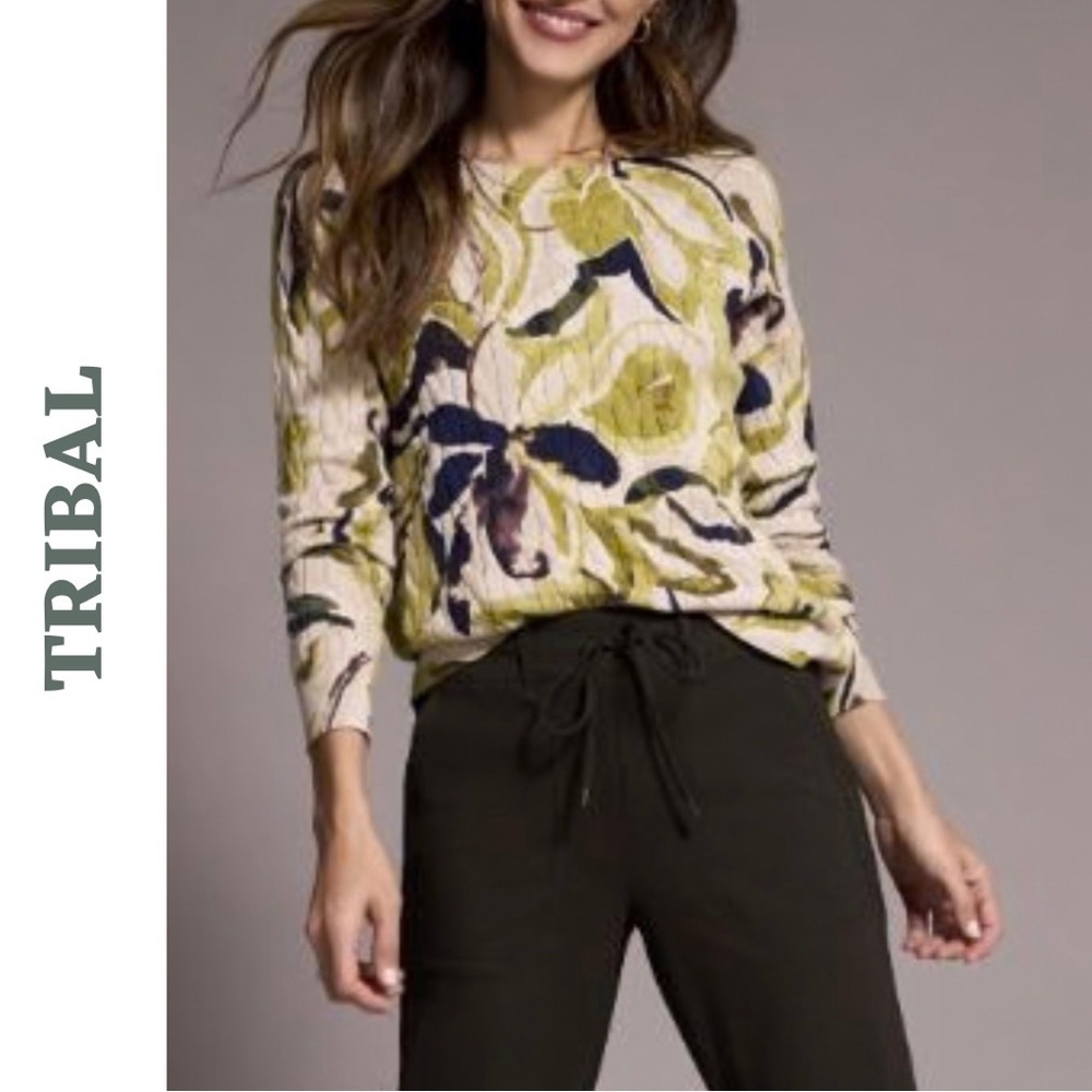 Tribal Cotton Cable Knit Floral Sweater Large